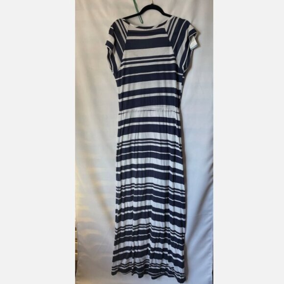 Splendid Maxi Dress Large Blue White Stripe Short Sleeve Scoop Neck Column - Picture 4 of 7
